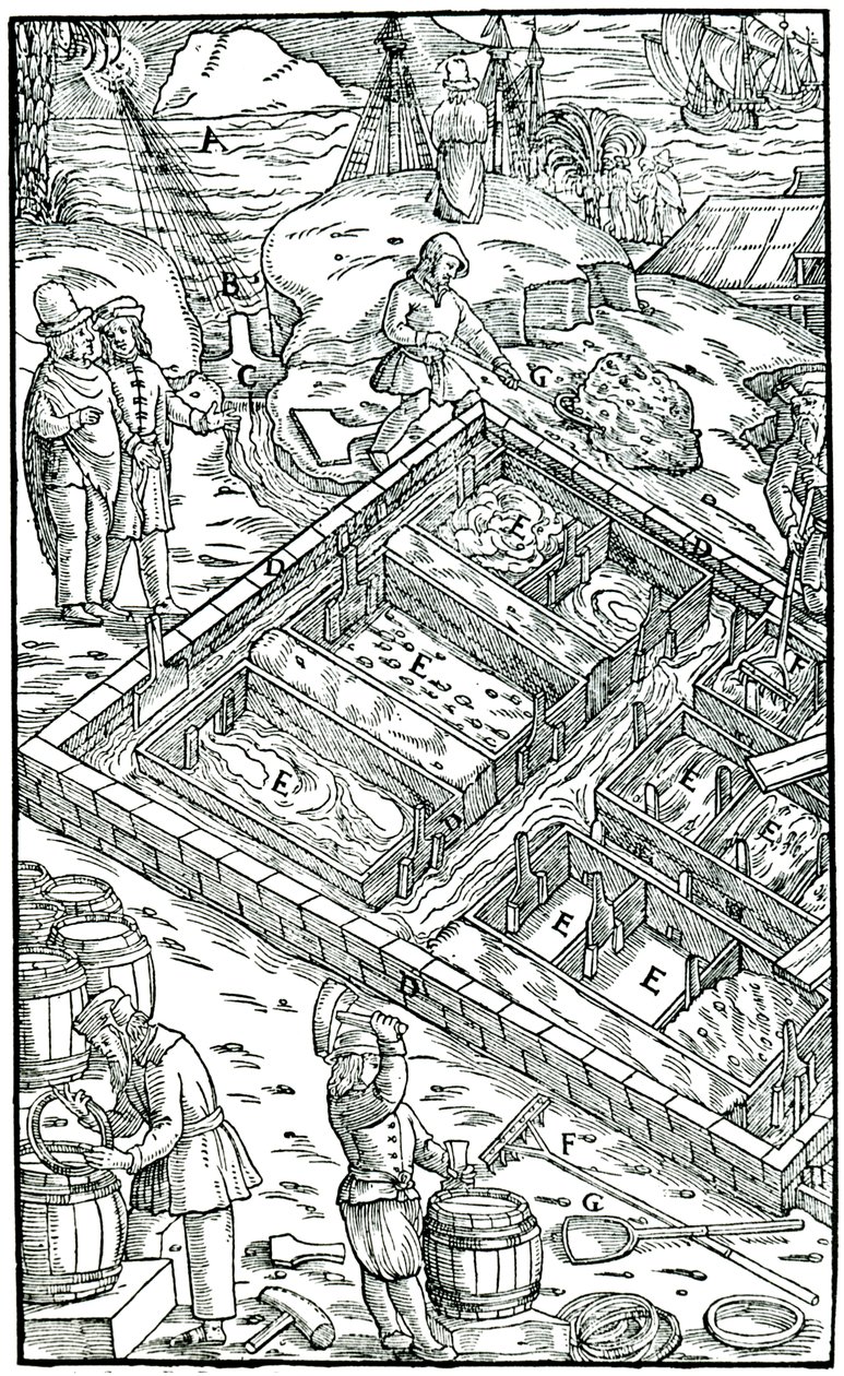 Produção de sal por evaporação da água do mar em salinas, 1556 de Unbekannt