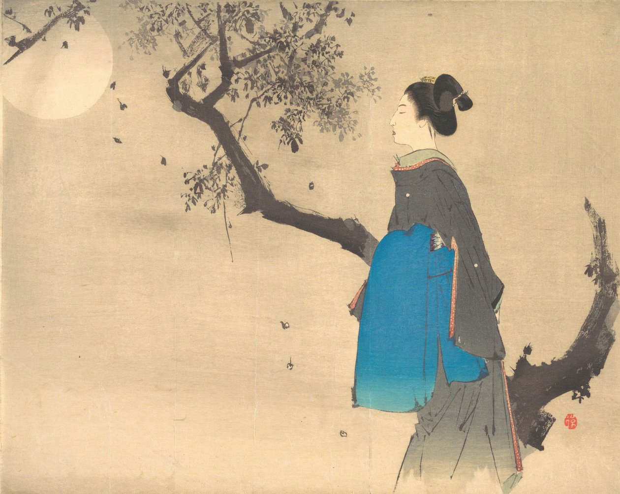 Vista de perfil de uma mulher passeando ao luar, ca. 1908. de Unbekannt