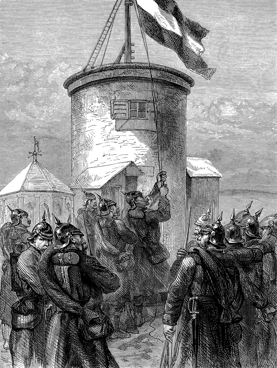Tropas prussianas içando sua bandeira em Valerien, Guerra Franco-Prussiana, 1870-1871 c1880 de Unbekannt