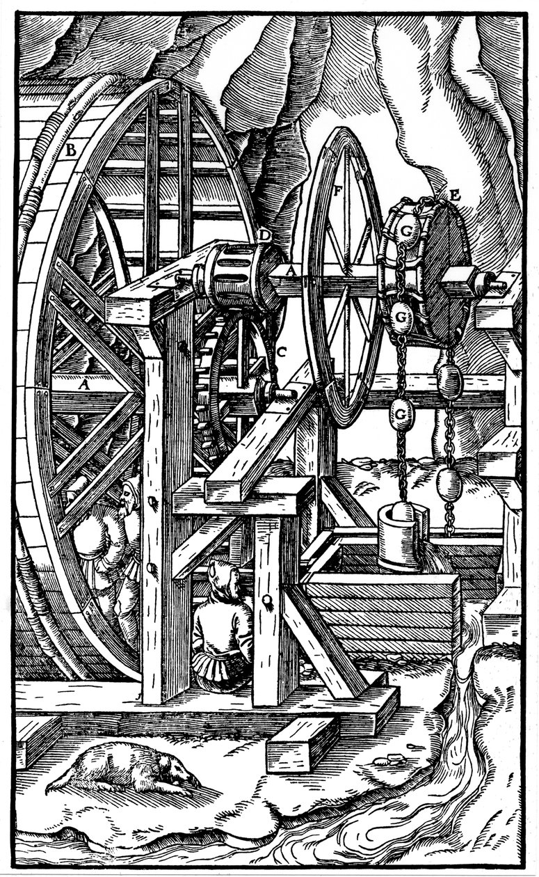 Bomba alimentada por homens em uma esteira, 1556 de Unbekannt