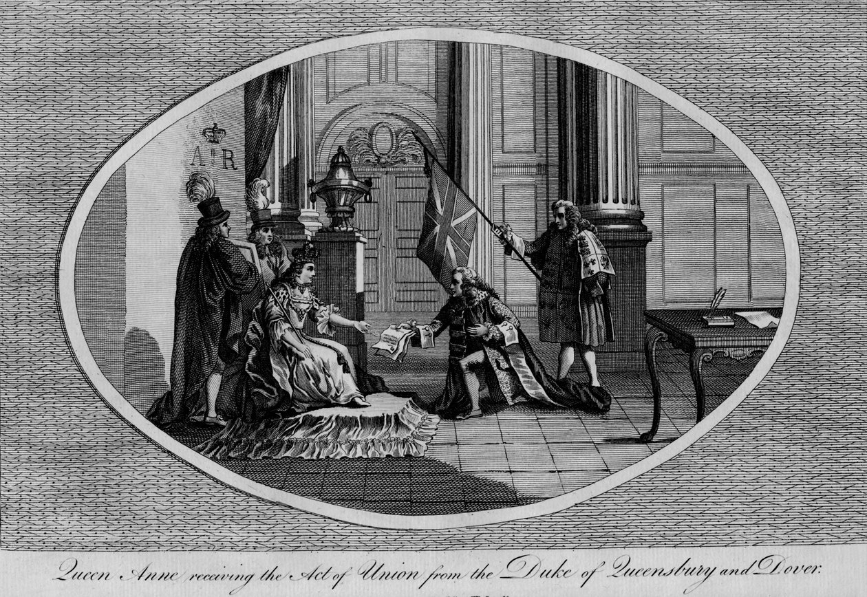 Rainha Anne recebendo o Ato de União do Duque de Queensberry, 1707 1793 de Unbekannt
