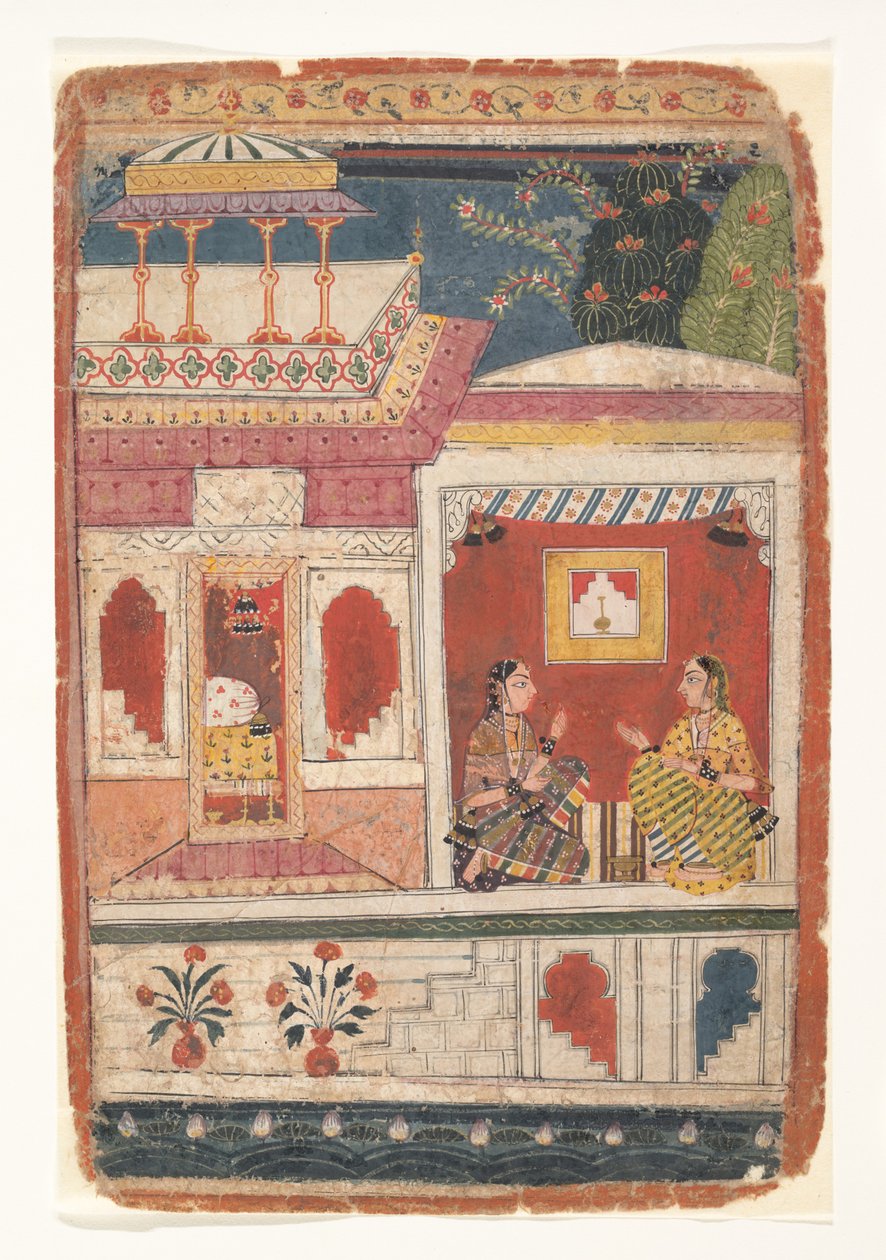 Radha e seu confidente sentam-se em uma sala aberta: Página de um Rasikapriya Disperso, ca. 1680-90. de Unbekannt