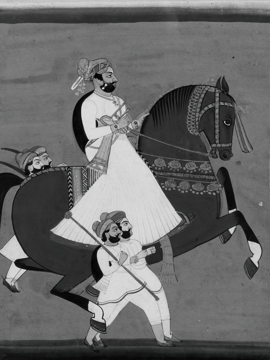 Raja on Horseback Acompanhado de seus atendentes favoritos, no final do século XIX - início do século XX. de Unbekannt