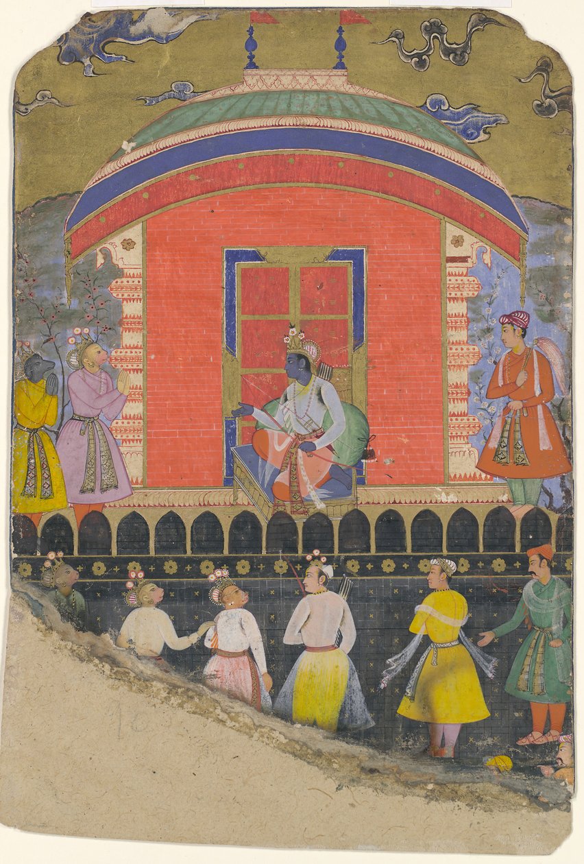 Rama Recebe Sugriva e Jambavat, os Reis Macacos e Ursos, Folio de..., ca. 1605. de Unbekannt