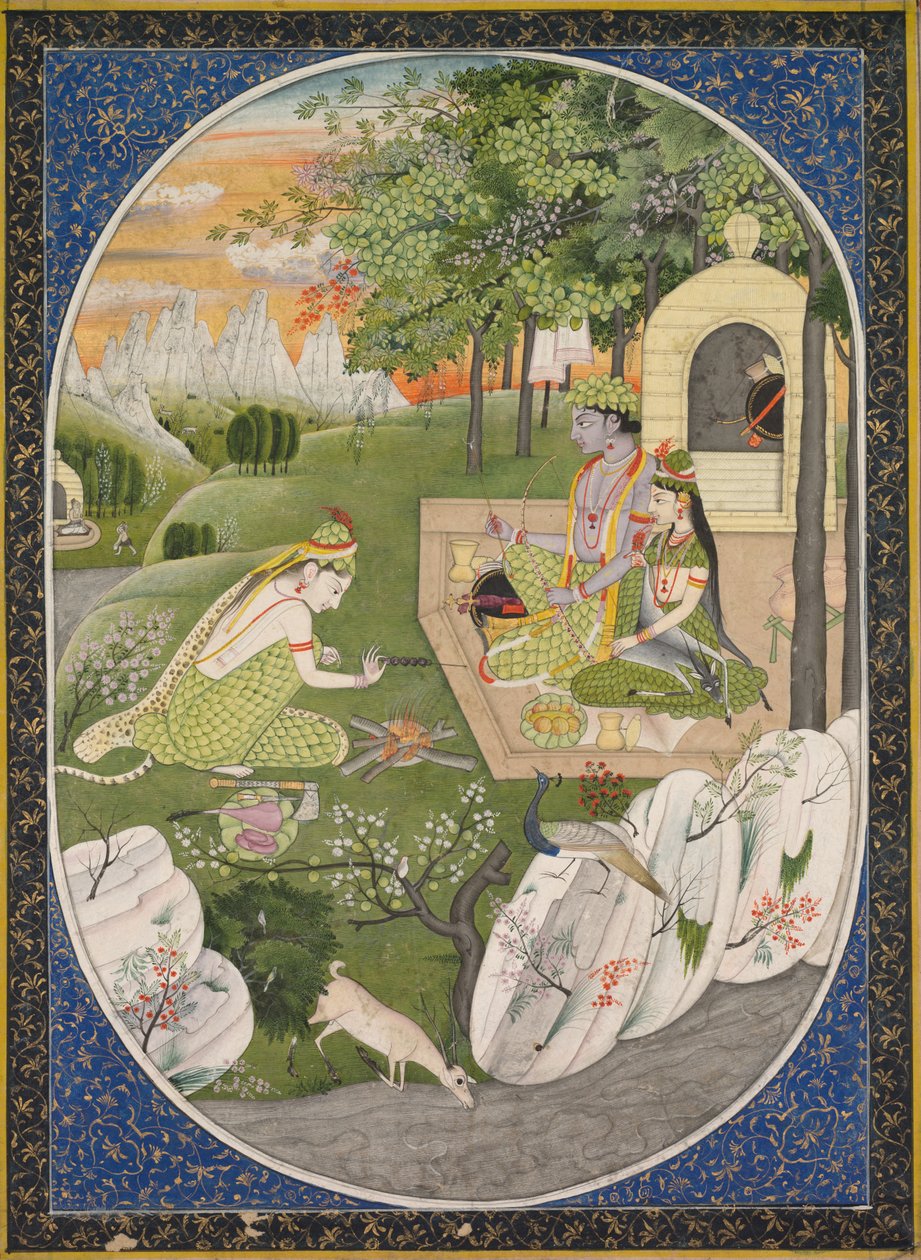 Rama, Sita e Lakshmana na Floresta, página dos Contos de Deus Ramayana Rama, c. 1830 de Unbekannt