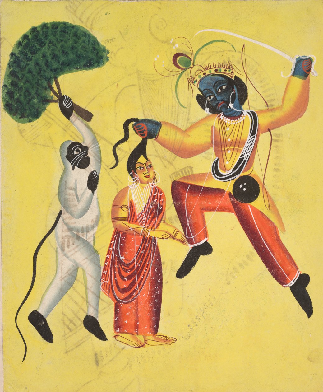 Rama e Hanuman, segurando uma árvore desenraizada, resgata Sita, de 1800. de Unbekannt