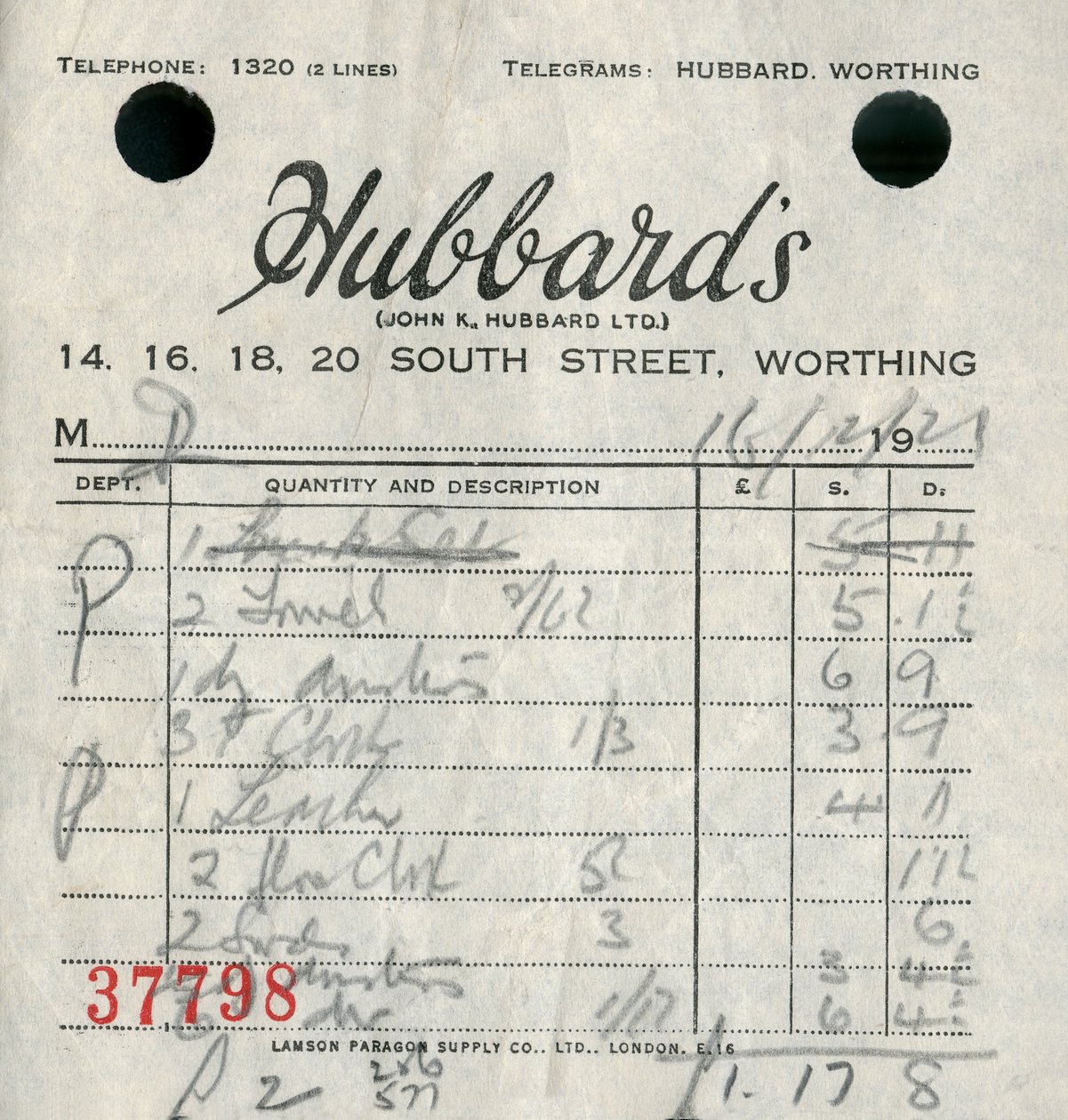 Recibo da loja de departamentos Hubbards, 1921. de Unbekannt