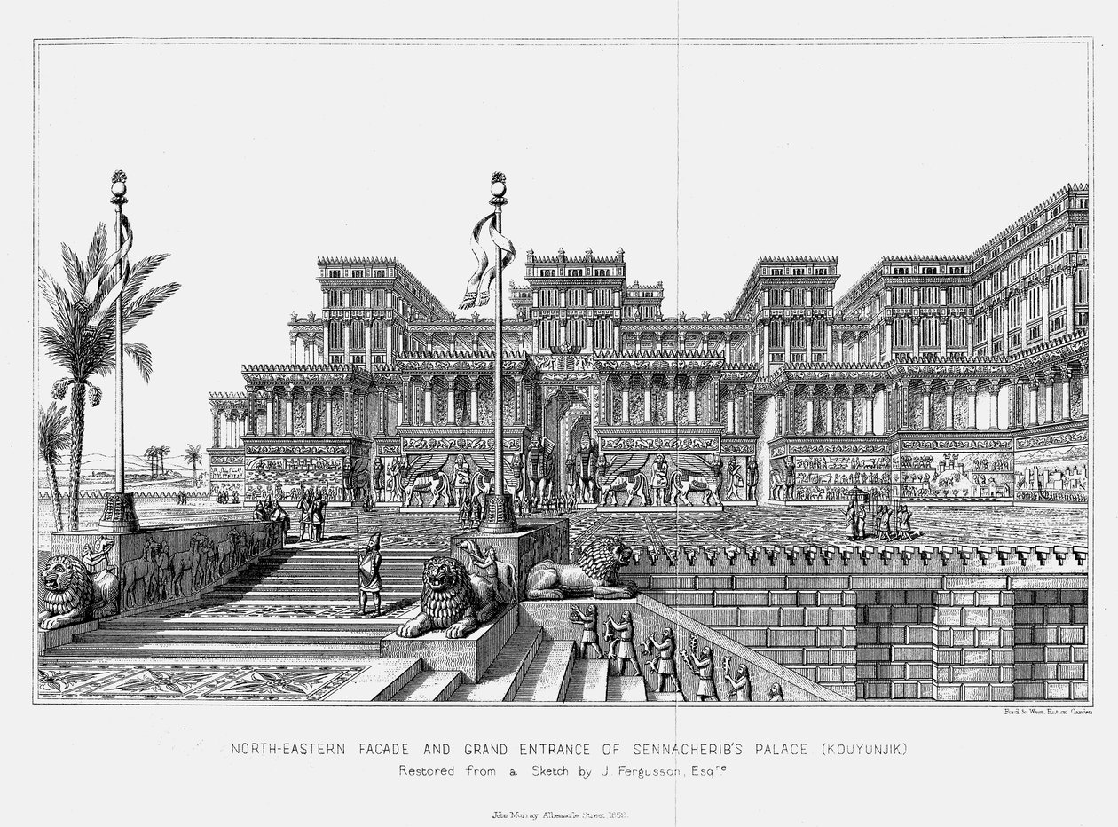 Reconstrução da fachada nordeste do palácio de Senaqueribe Kouyunjik, assírio, 1853 de Unbekannt