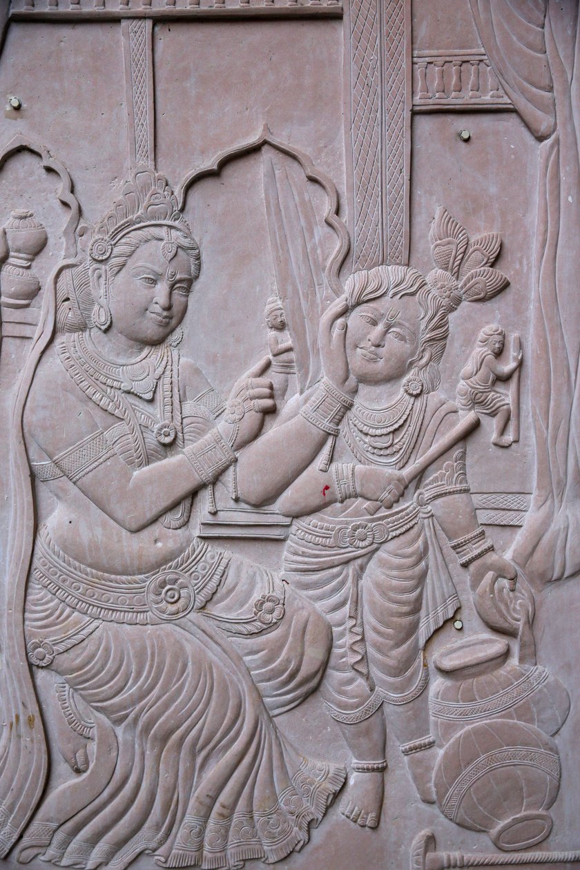 Alívio retratando o deus hindu Krishna com sua madrasta Yashodha. Índia de Unbekannt