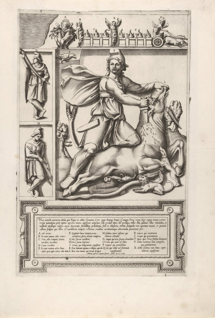 Alívio com Mithras ajoelhado em um touro e enfiando uma espada em seu ombro, à esquerda, tw ..., 1564. de Unbekannt