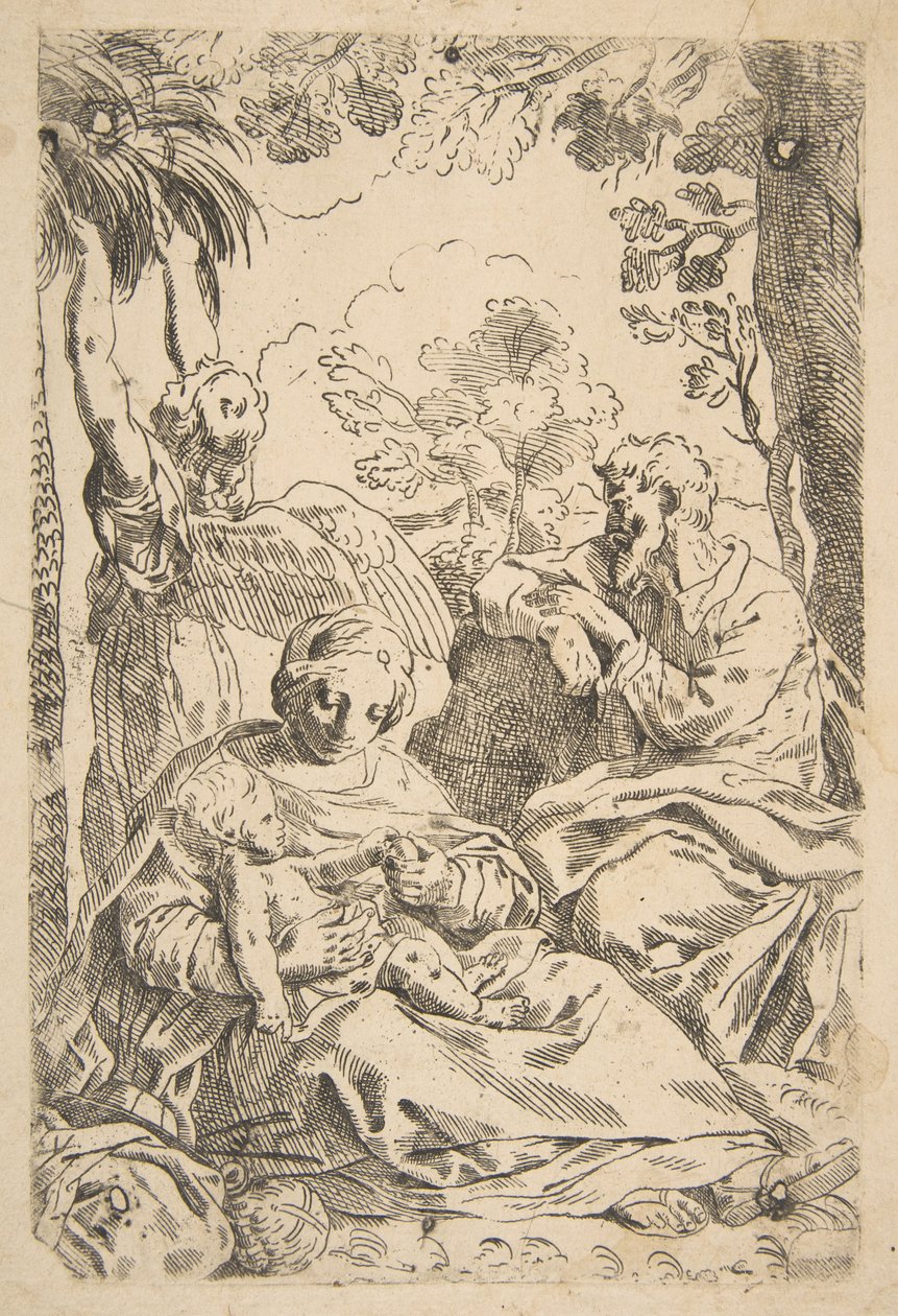 Repouso no Egito, Sagrada Família sentada enquanto anjo puxa galho de árvore..., c. 1637-1639 ou depois. de Unbekannt