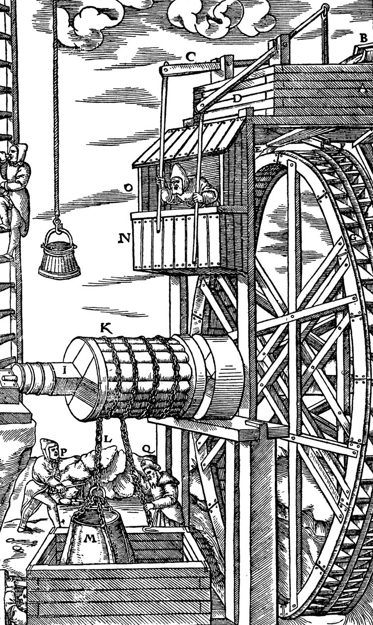 Talha reversível para elevar baldes de couro de um poço de mina, 1556 de Unbekannt