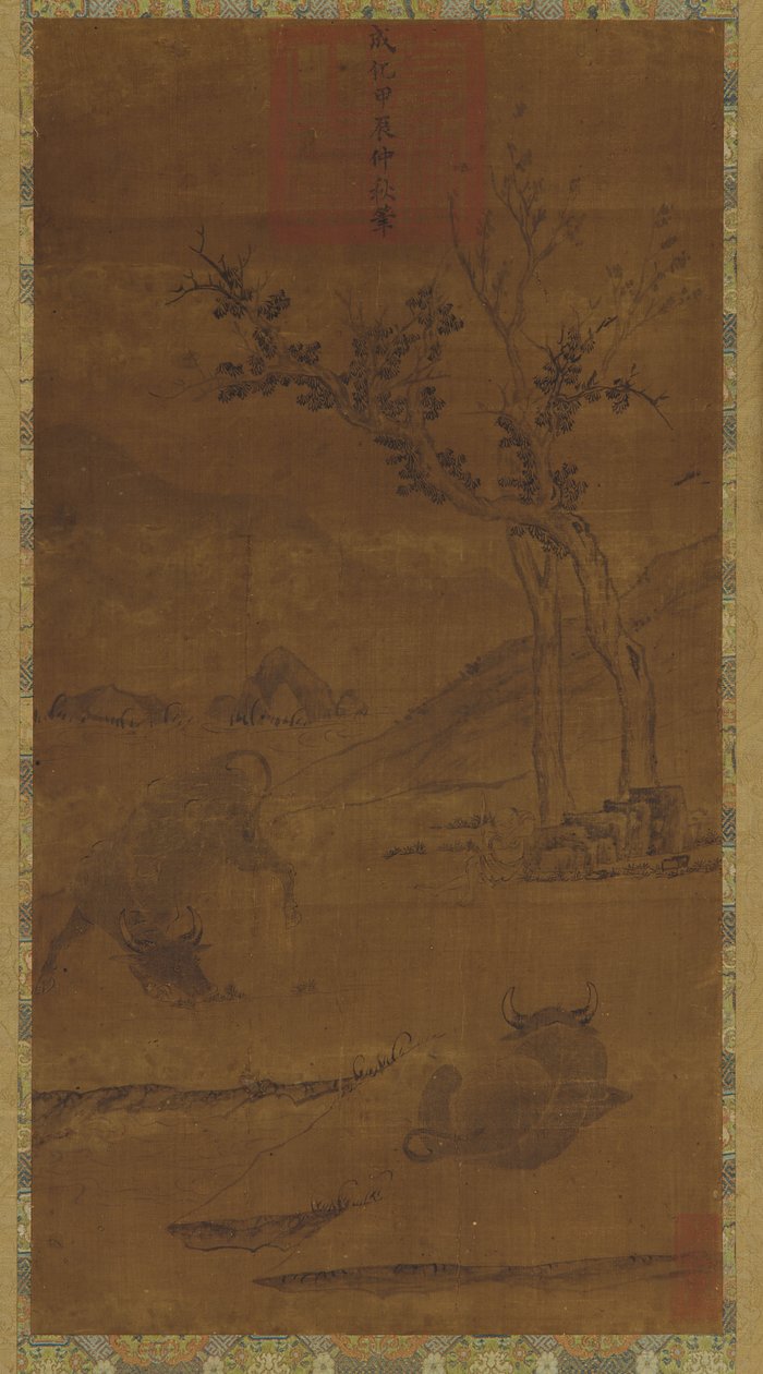 Paisagem do rio: dois búfalos de água e um pastor cochilando, 1368-1644. de Unbekannt