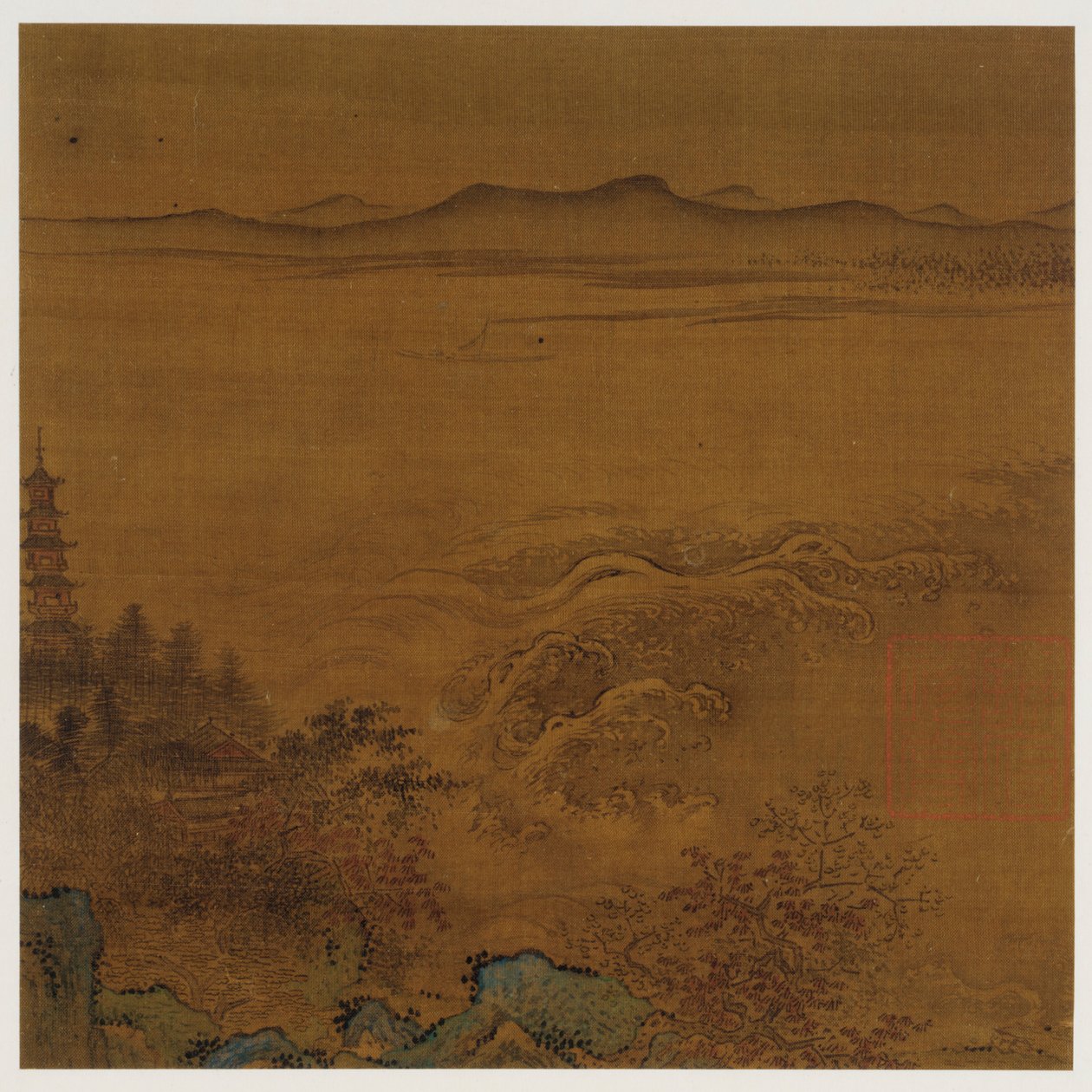 Paisagem do rio: um pagode, corredeiras espumantes, colinas distantes, dinastia Ming, 1368-1644. de Unbekannt