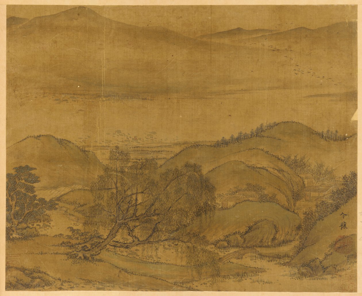 Paisagem do rio: um salgueiro e outras árvores, colinas..., dinastia Yuan ou Ming, 1279-1644. de Unbekannt