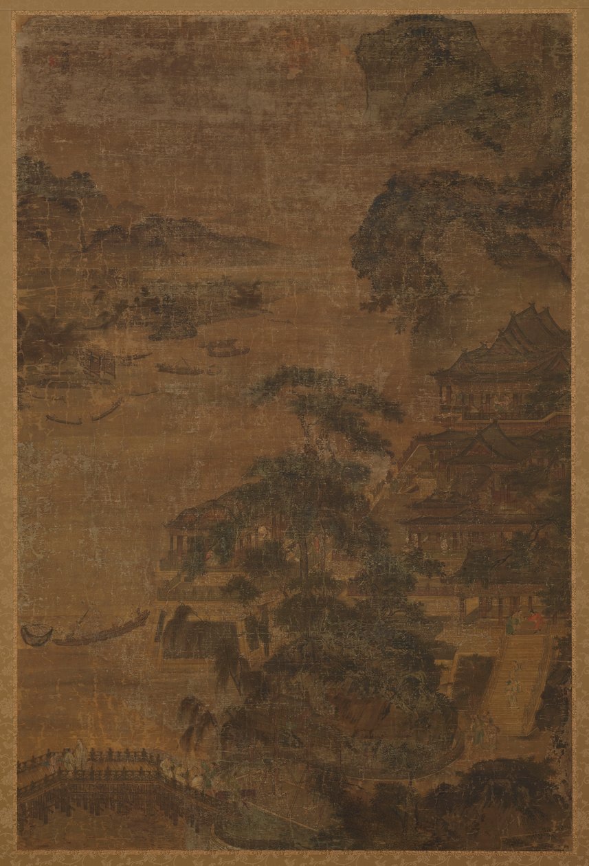 Paisagem do rio: montanhas, pinheiros e edifícios, dinastia Ming, 1368-1644. de Unbekannt