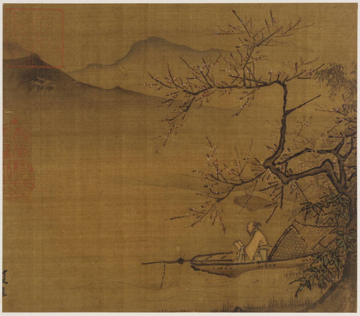 Paisagem do rio: um homem lendo em um barco ancorado sob uma árvore em flor, dinastia Ming,1368-1644. de Unbekannt