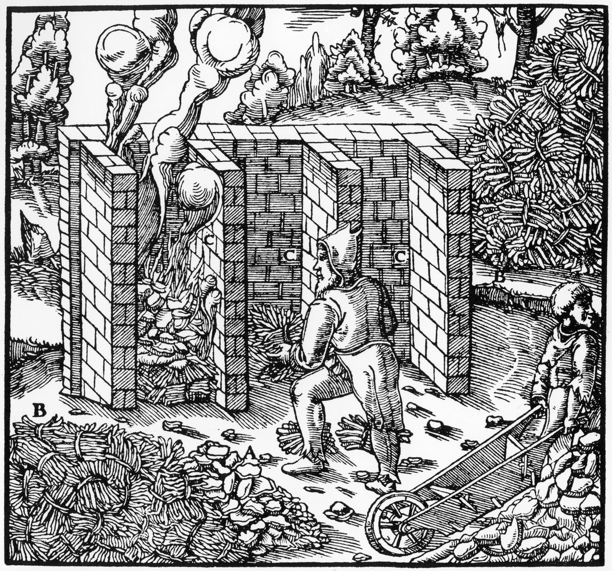 Torrefação de minério de cobre em um forno em C, 1556 de Unbekannt