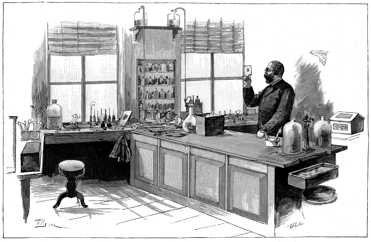 Robert Koch 1843-1910, bacteriologista alemão e médico em seu laboratório de Unbekannt
