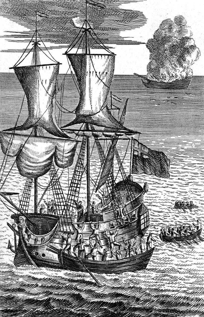 Robinson Crusoe salva a tripulação de um navio em chamas no mar, c1719 de Unbekannt