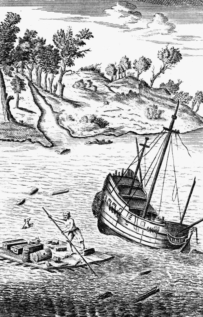 Robinson Crusoe salvando seus bens dos destroços do navio, c1719 de Unbekannt