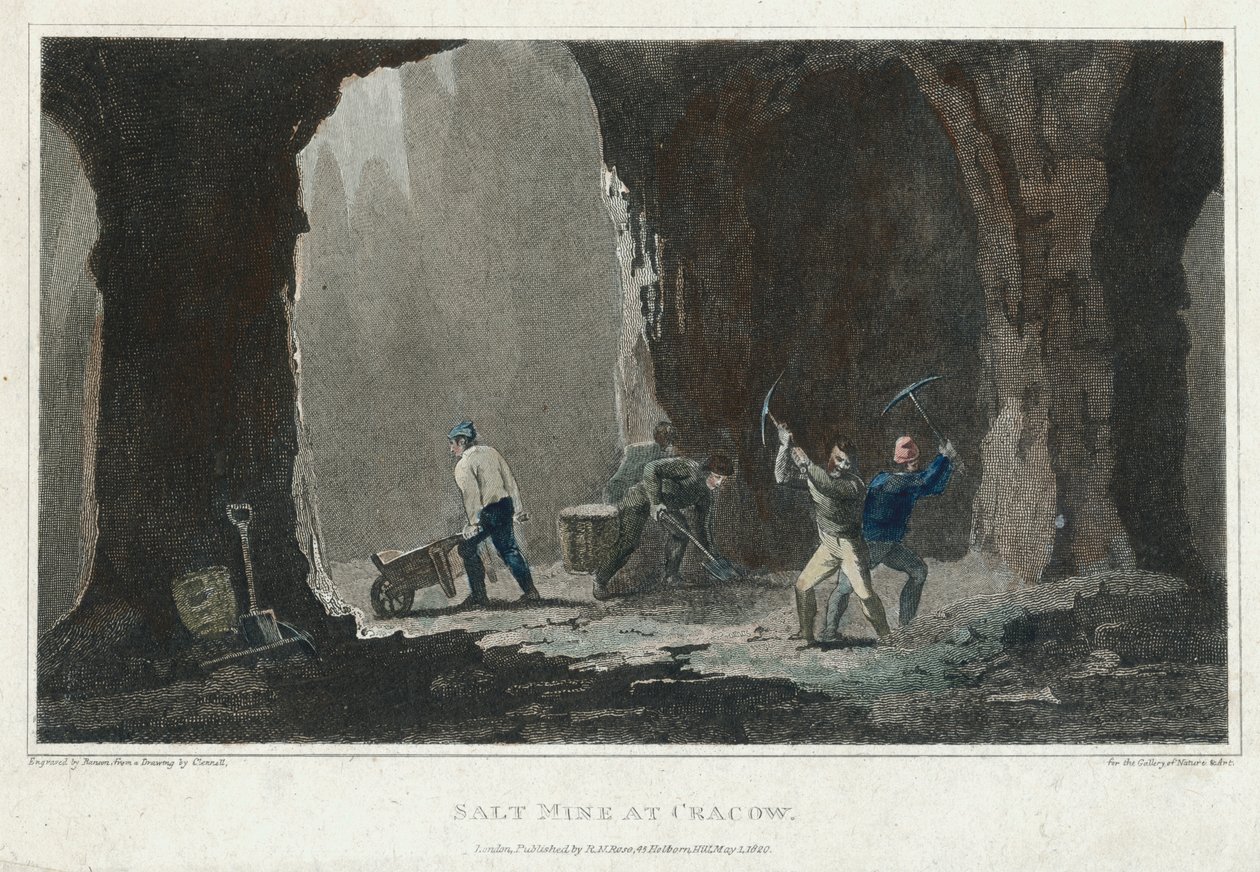 Rock Salt: Mineiros trabalhando na mina de sal perto de Cracóvia, Polônia, c1820 de Unbekannt