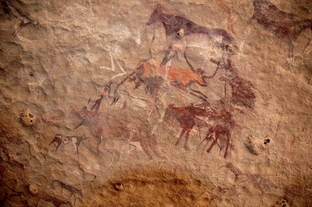 Arte rupestre, Pré-história: Pintura rupestre de um grupo de gado e personagens policromáticos (pastores e arqueiros) num abrigo ornamentado, no maciço de Uweinat, Sudão. Período de 8000 a 3000 anos antes de Cristo. Fotografia de Unbekannt