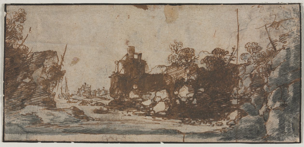Entrada rochosa com barcos e edifícios reto, 1600s. de Unbekannt