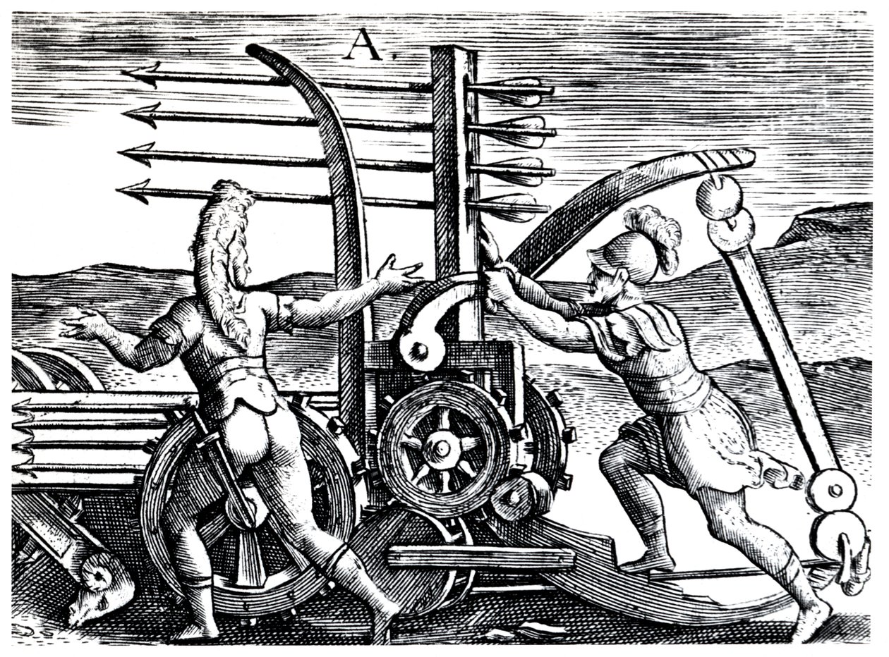 Soldados romanos usando um motor de guerra disparando várias flechas, 1605 de Unbekannt