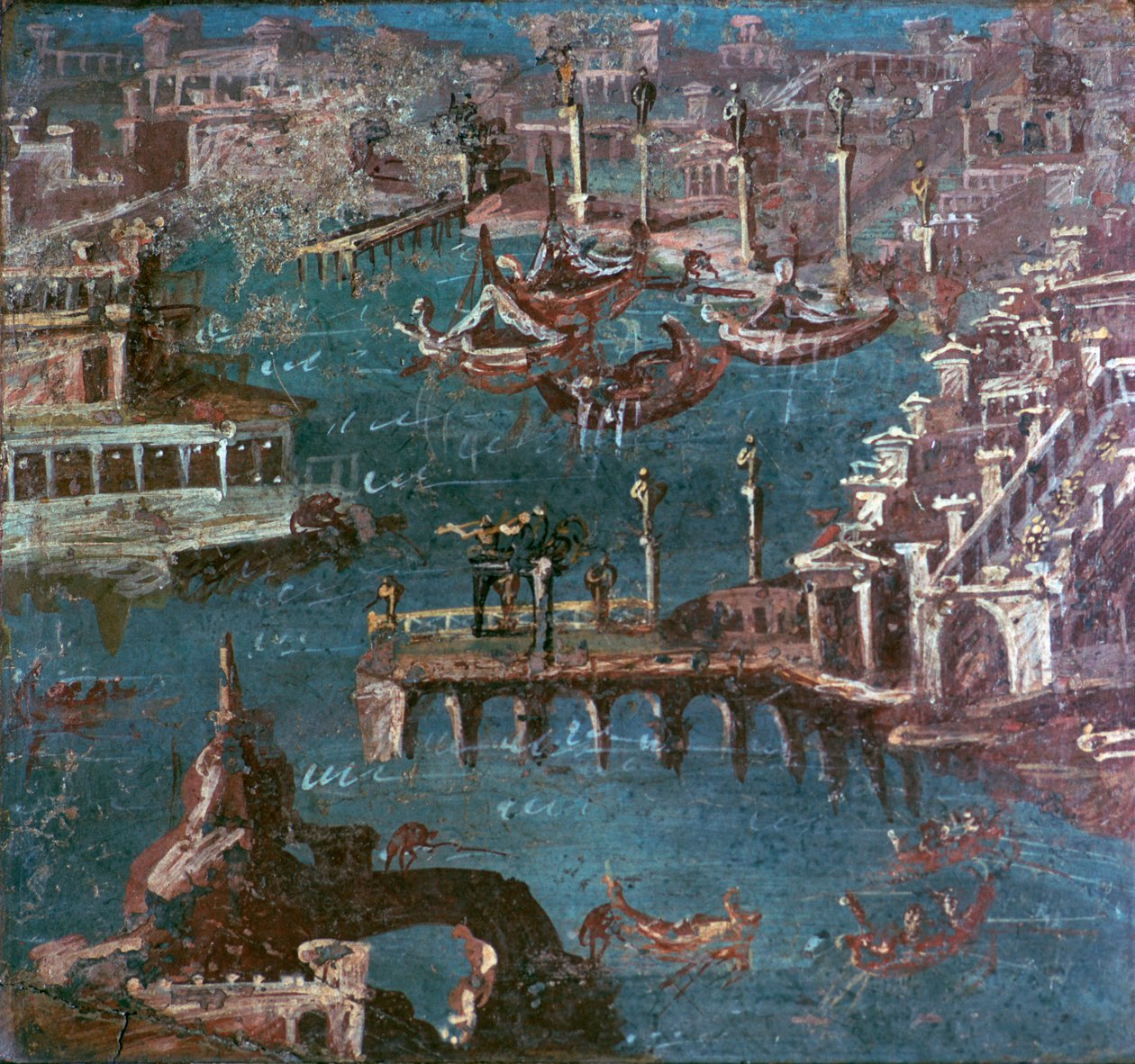 Pintura de parede romana de uma cena do porto de Unbekannt