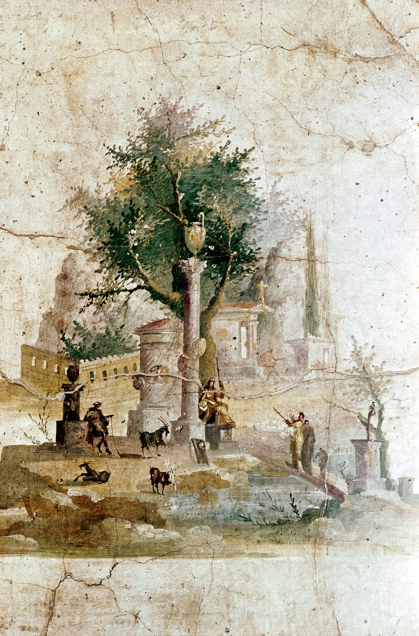 Pintura de parede romana de uma paisagem mítica, Villa de Agripa Postumus, perto de Pompeia, Itália de Unbekannt