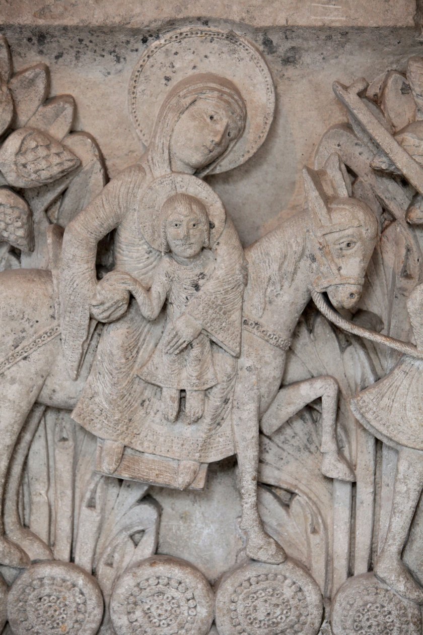 Romano-baixo-relevo da capital na Catedral de Autun retratando o vôo para o Egito, Autun, França de Unbekannt