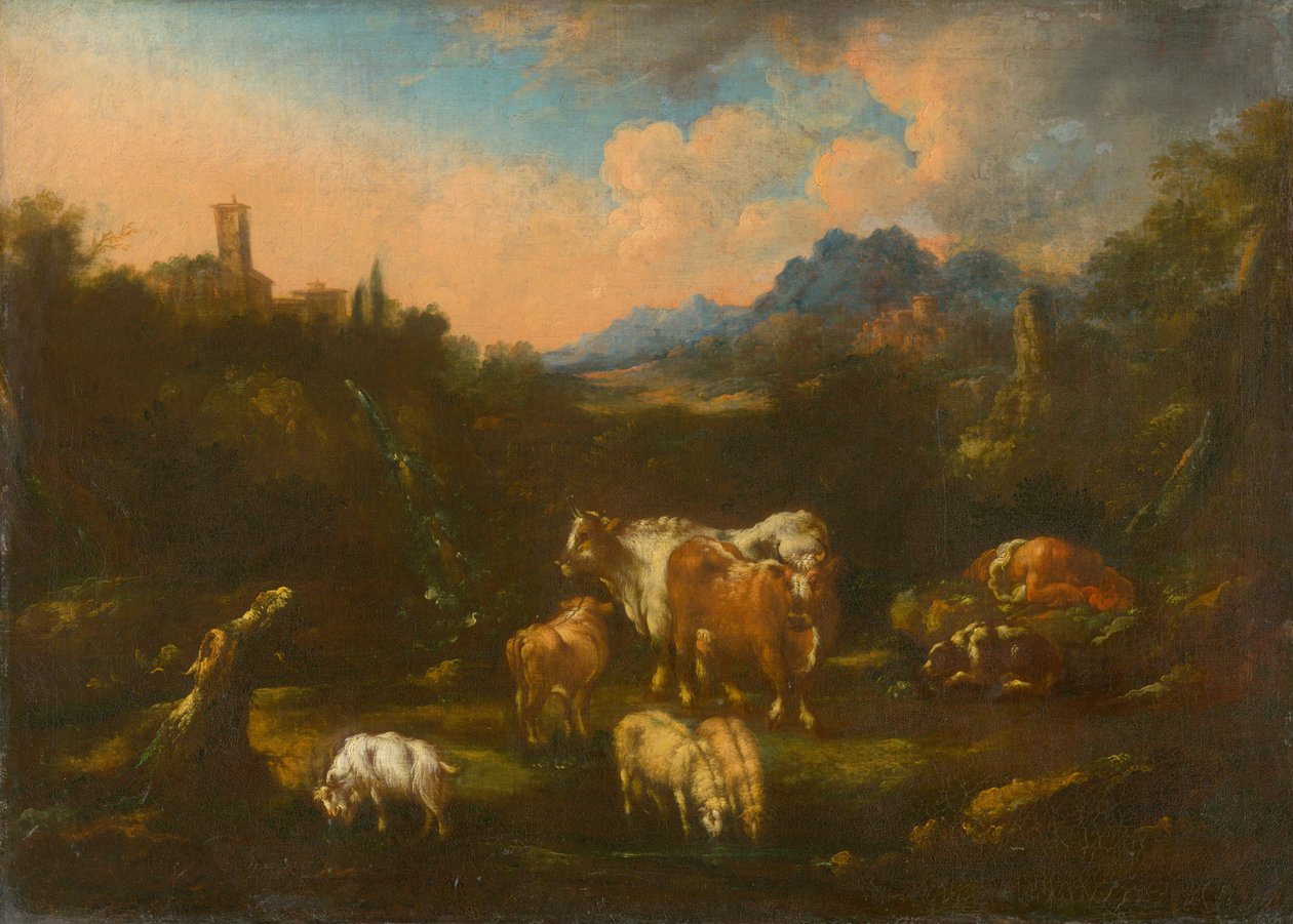 Paisagem romântica com rebanho de Unbekannt