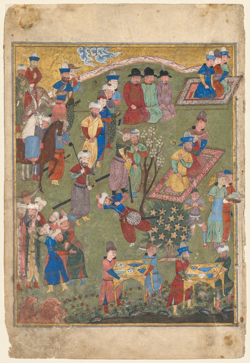 Festa Real em um Jardim, a partir do frontispício de duas páginas de um Shahnama ..., 1444. de Unbekannt