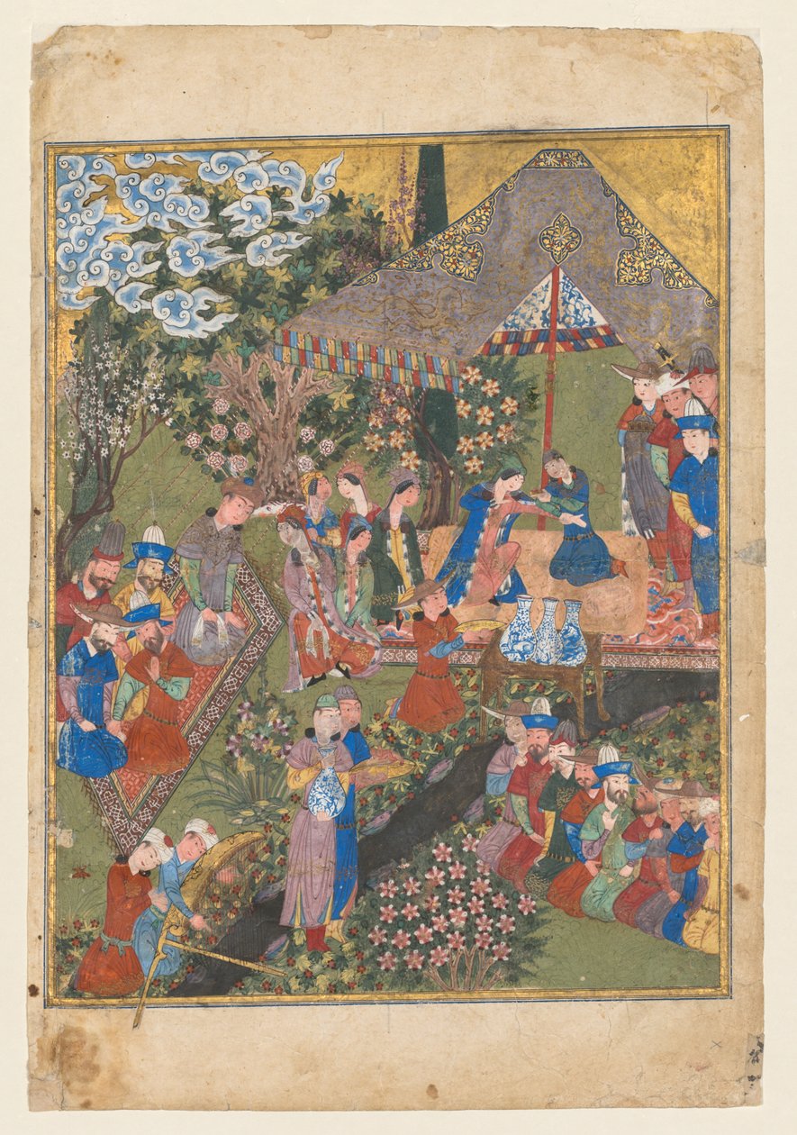 Festa Real em um Jardim, verso do fólio direito do frontispício de duas páginas ..., c. 1440 de Unbekannt
