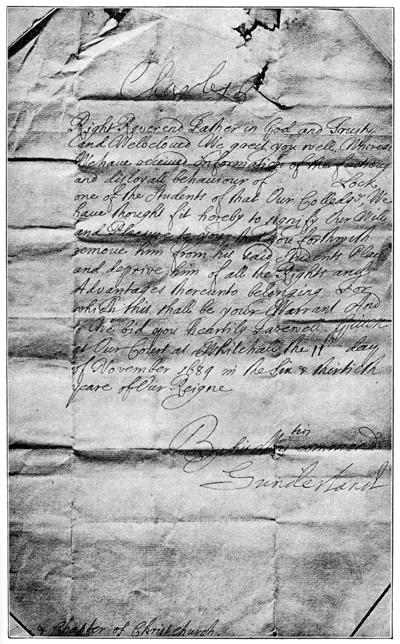 Mandato real para apagar o nome de Locke dos estudantes da Igreja de Cristo, Oxford, 1684, 1894 de Unbekannt