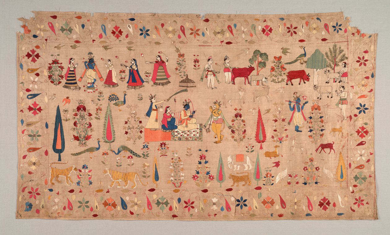 Rumal decorado com cenas da vida de Krishnas, década de 1700. de Unbekannt