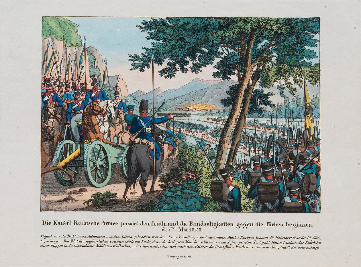 O exército russo atravessa o rio Pruth na Moldávia em maio de 1828, c. 1830 de Unbekannt