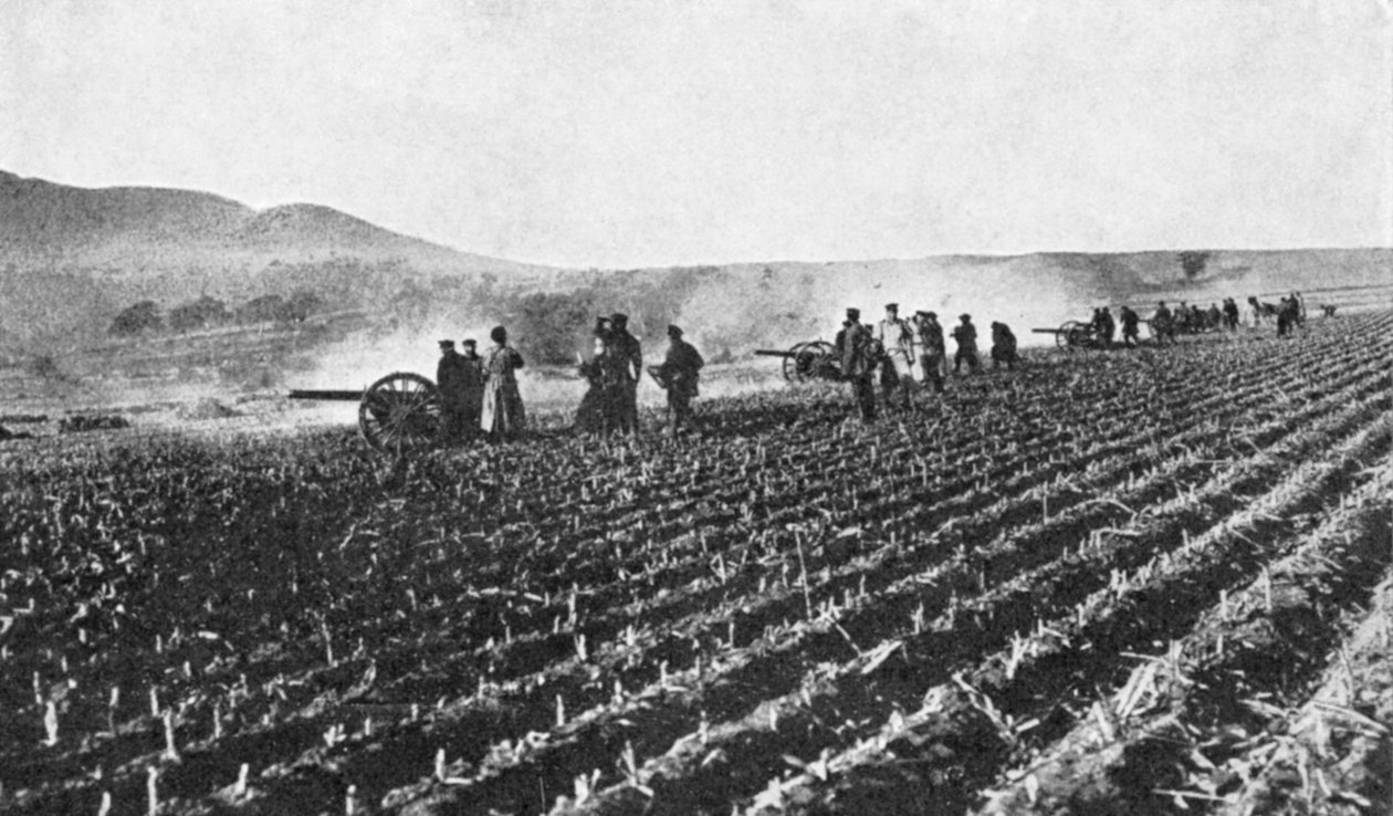 Artilharia de campo russa no campo de milho, guerra russo-japonesa, 1904-5 de Unbekannt