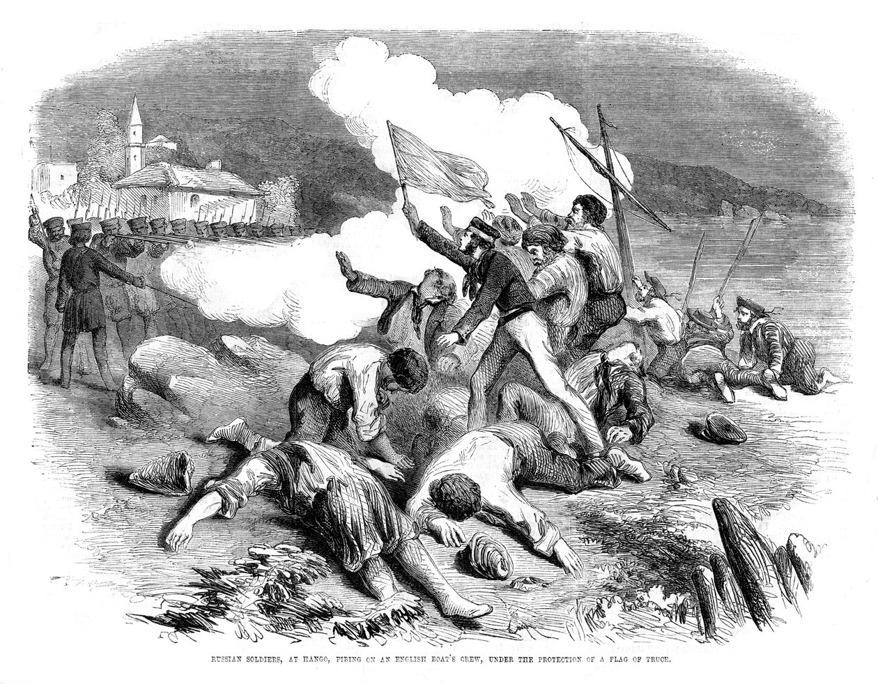 Soldados russos disparando contra uma tripulação de barcos ingleses, sob a proteção de uma bandeira de trégua, 1855 de Unbekannt