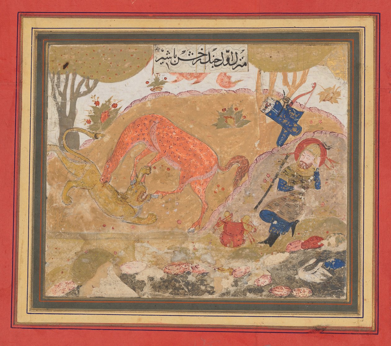 O primeiro prato da Rustam: Rakhsh Mata um Leão, Folio de um Livro de Reis de Shahnama, ca. 1430-40. de Unbekannt