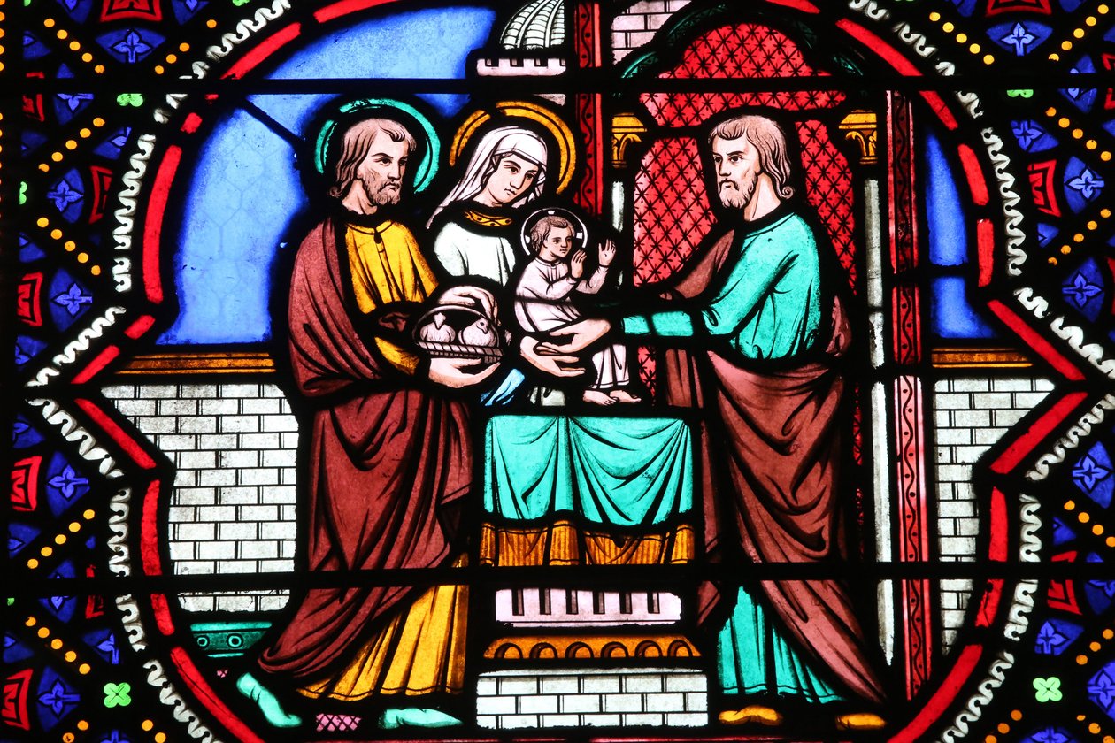 Igreja do Sagrado Coração. Janela de vidro manchado. A Apresentação de Jesus no Templo, 20160604, Moulins, França de Unbekannt