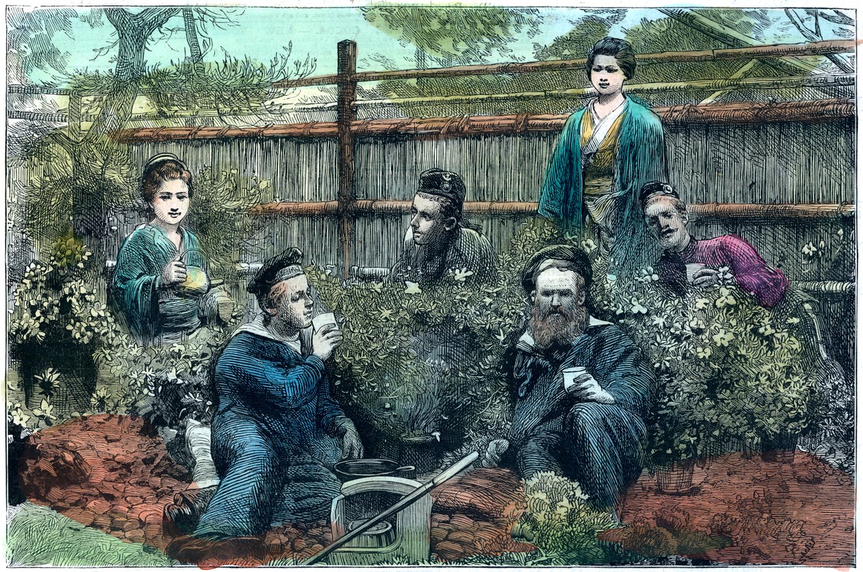 Marinheiros do HMS Challenger tomando chá em uma casa de chá perto de Yokohama, Japão, 1888 de Unbekannt