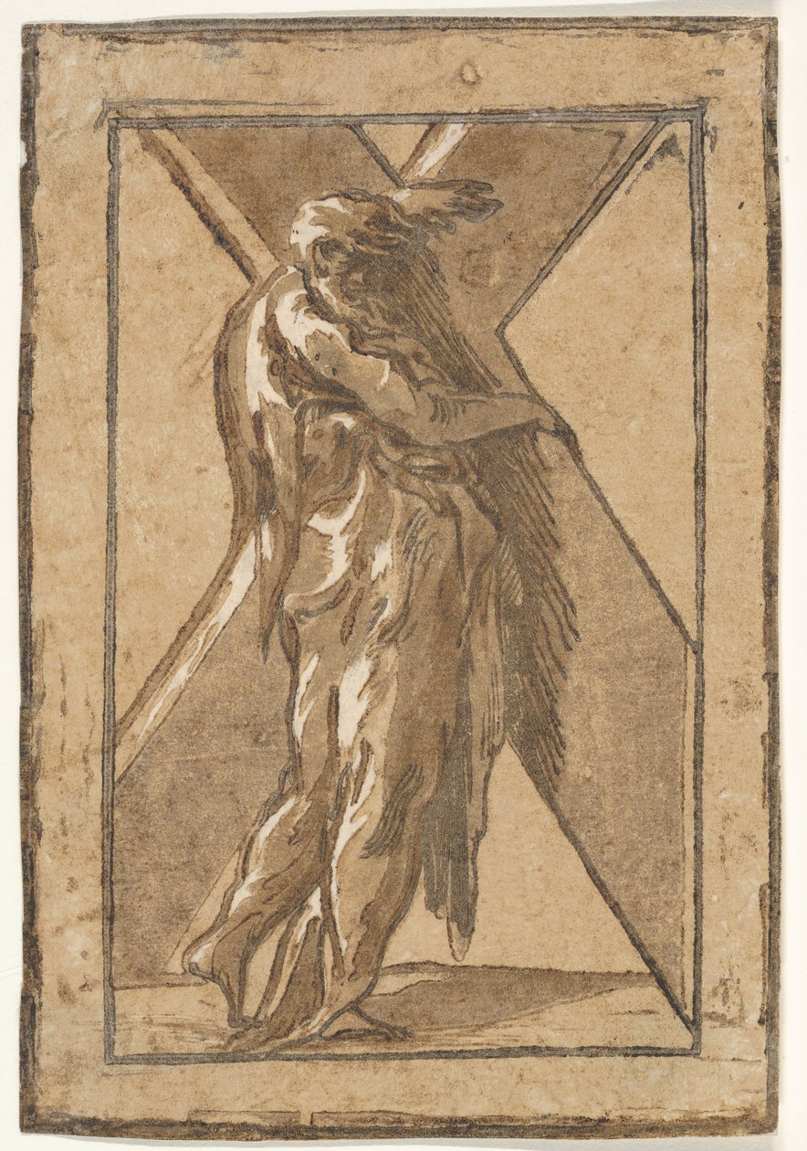Santo André em pé de perfil, segurando uma grande cruz de uma série de Doze Apo ..., ca. 1540-50. de Unbekannt