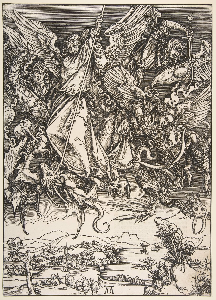 São Miguel lutando contra o dragão, de The Apocalypse, 1498. de Unbekannt