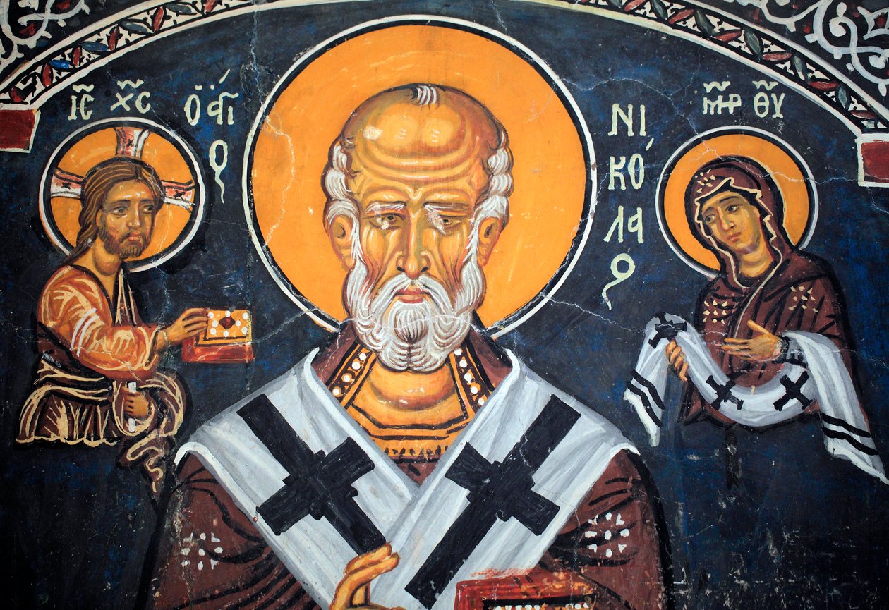 São Nicolau rodeia Cristo e Maria Afresco bizantino do século XIV (1332) Nathex, muro sul Igreja da Virgem Phorbiotissa, sítio Asinou Unesco região de Troodos, Chipre de Unbekannt