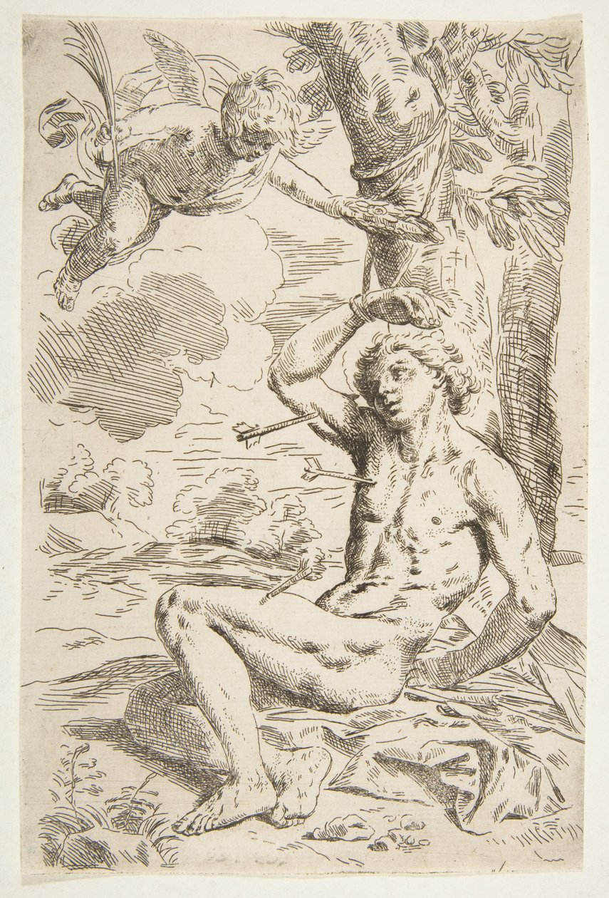 São Sebastião perfurado por flechas e amarrado a uma árvore, copie após Cantarini, ca. 1639 ou depois. de Unbekannt