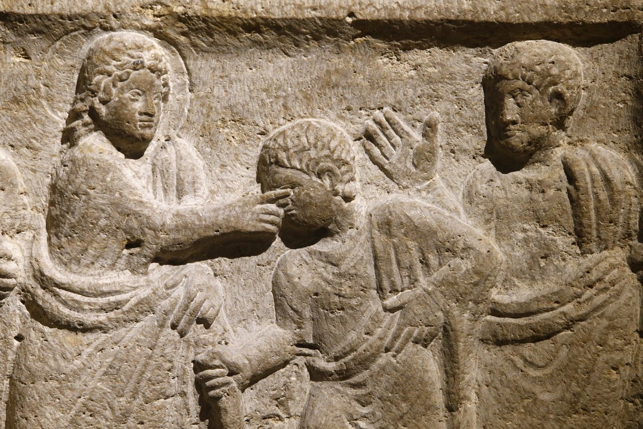 Abadia de Saint Victor, Marselha. Detalhe do sarcófago: Jesus a curar um homem cego. França de Unbekannt