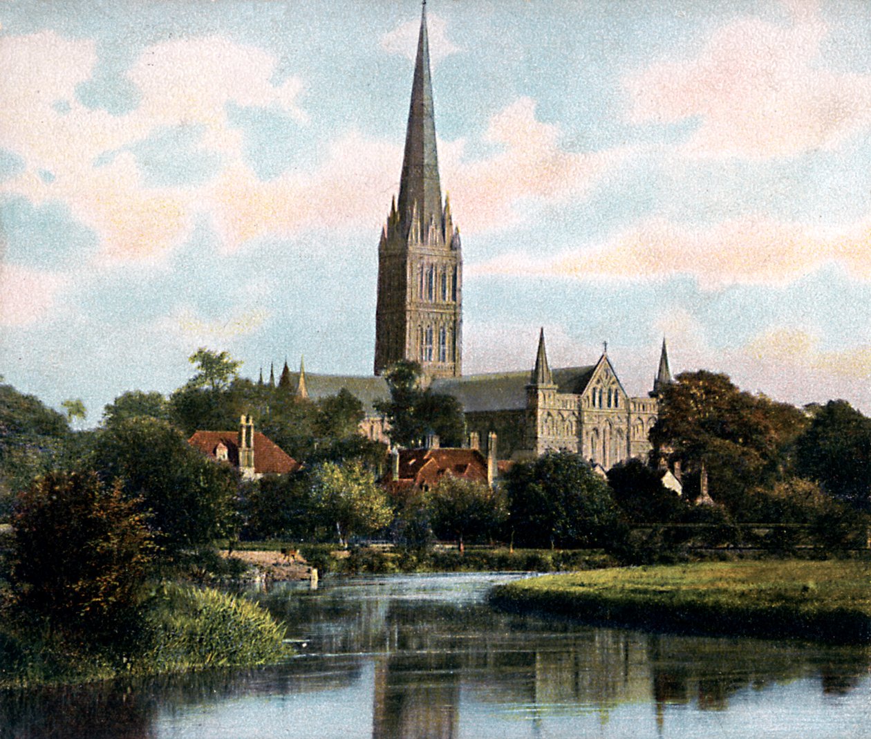 Catedral de Salisbury, vista do rio Avon, Salisbury, Wiltshire, início do século XX de Unbekannt