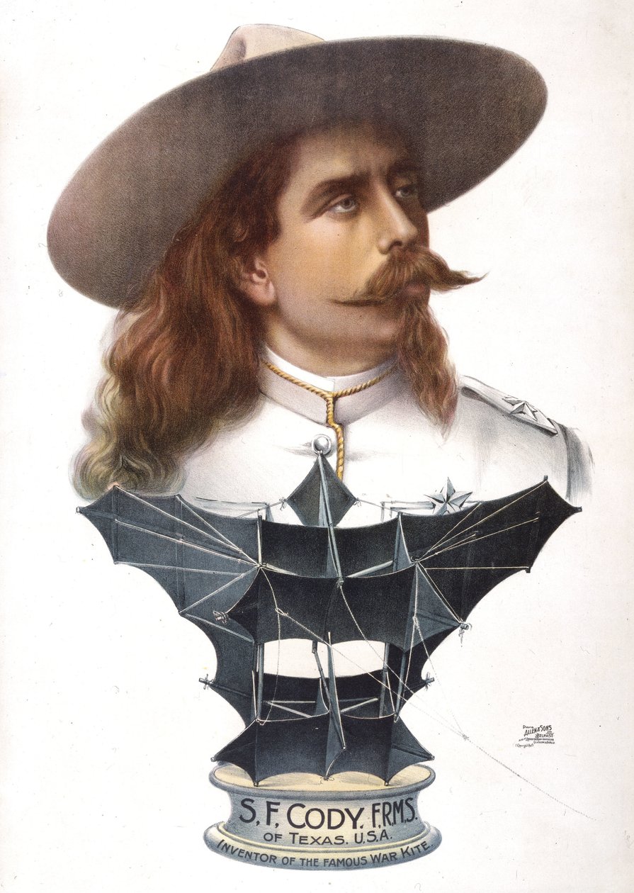 Samuel Franklin Cody e o seu "papagaio levantador de homens" (cerf-volant), c 1904 de Unbekannt